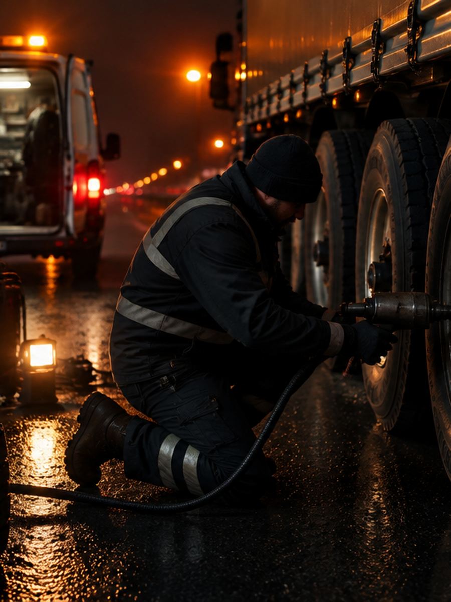 Serwis opony OTR w ładowarce na placu budowy